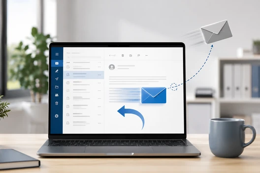 Laptop mit E-Mail-Client, blauem Briefumschlag und Pfeilbogen; Pflanze links, Kaffeetasse rechts, Büro im Hintergrund.
