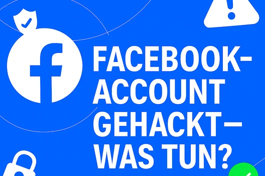 Blauer Hintergrund, Facebook-Logo links, Text FACEBOOK-ACCOUNT GEHACKT WAS TUN? Warnsymbol rechts, Schloss unten links, Häkchen unten rechts.