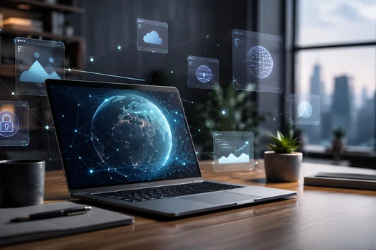 Laptop auf Holzschreibtisch, umgeben von holografischen Icons (Erde-Globus, Diagramme, Wolke); Fenster mit Stadtblick.