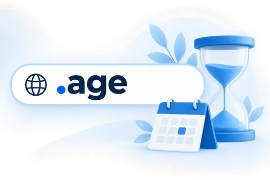 Blaues Logo mit Globus-Symbol und der Aufschrift .age; daneben Kalender und Sanduhr in Blau.