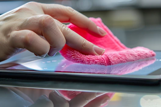 Eine Hand wischt mit einem pinken Mikrofaser-Tuch über eine glatte Bildschirmoberfläche; Spiegelung sichtbar.