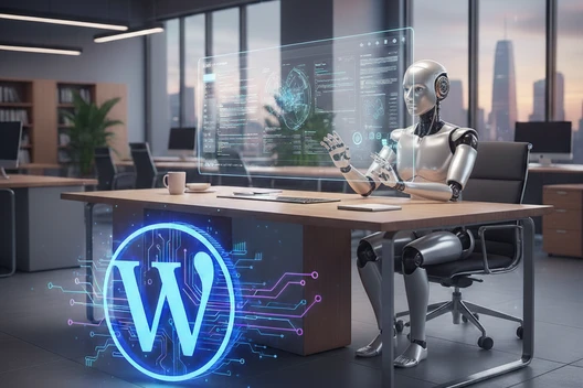 Ein Roboter sitzt an einem Schreibtisch mit holografischen Monitoren; vorne leuchtet ein blaues W-Symbol mit Schaltkreisen.