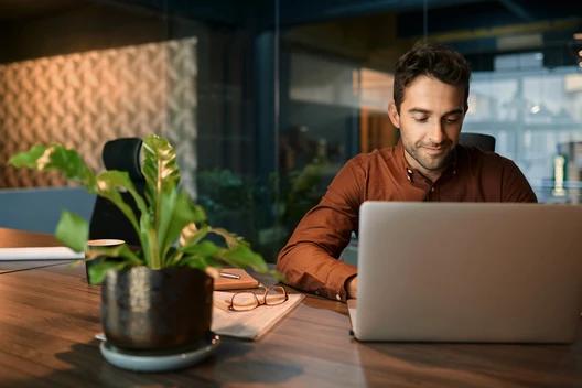 Mann sitzt an Schreibtisch mit Laptop, Notizbuch und Brille; Pflanze im Vordergrund, Bürohintergrund.
