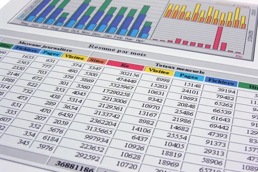 Gedruckte Seite mit Tabellen voller Zahlen und mehrfarbigen Balkendiagrammen (blau, grün, gelb).