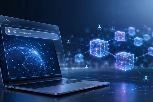 Ein offener Laptop mit blau leuchtender Netzwerk-Globus-Grafik; Hintergrund: schwebende, leuchtende Würfel und Verbindungen.