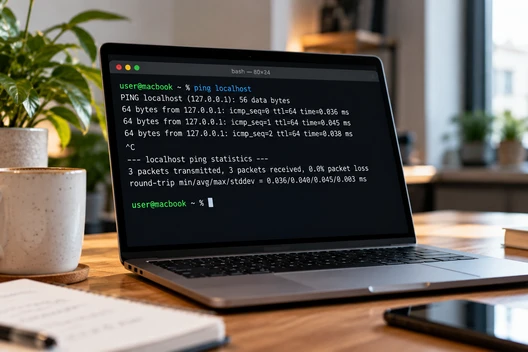 Laptop mit geöffnetem Terminal-Fenster auf Holztisch; daneben Pflanze, Tasse, Notizbuch und Smartphone, Fenster im Hintergrund.