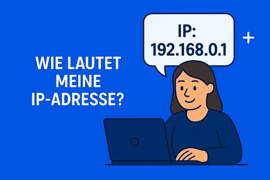 Eine Person sitzt am Laptop vor blauem Hintergrund; Sprechblase zeigt IP 192.168.0.1