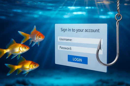 Unterwasserbild: Drei orange Fische links, ein Anmeldeformular mit Username, Password und LOGIN-Button, neben ein Angelhaken.