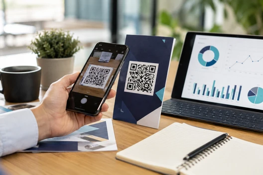 Person hält Smartphone mit QR-Code; daneben eine Karte mit QR-Code, Laptop mit Diagrammen, Notizbuch, Becher und Pflanze.
