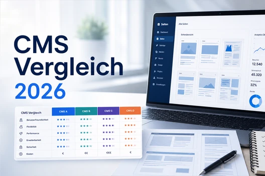 Laptop mit Dashboard-Diagrammen auf Schreibtisch; daneben CMS-Vergleich-Flyer, Notizbuch, Stift, Pflanze.