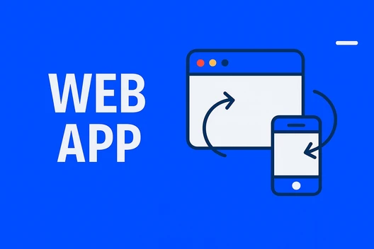 Blauer Hintergrund; links der Text WEB APP. Rechts eine Browserfenster- und Smartphone-Illustration mit Pfeilen.