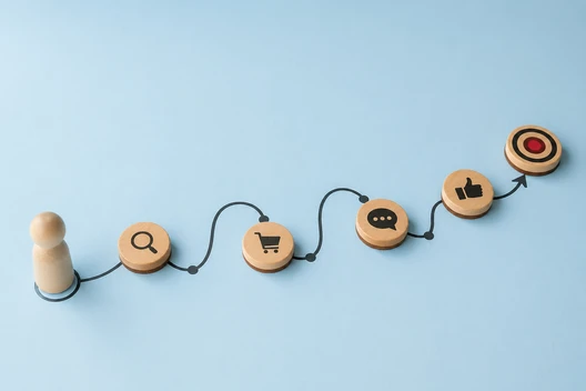 Blauer Hintergrund; zwei Holzfiguren links; Holzplättchen mit Symbolen Lupe, Warenkorb, Chat, Daumen hoch, Ziel über Schnur verbunden.