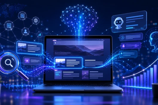Ein Laptop mit blauer Neon-UI, neben Pflanze und Tasse; umgeben von holographischen Fenstern, Netzwerklinien und Diagrammen.