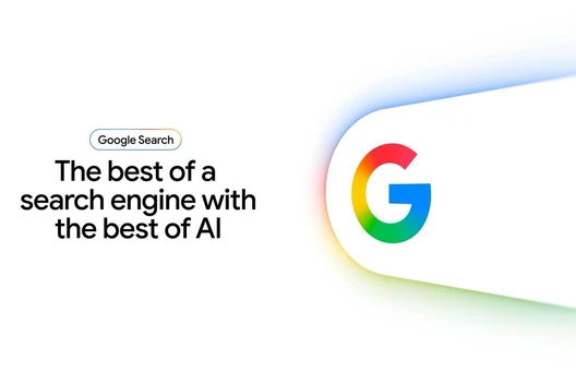 Linke Seite: Google Search-Label und der Satz 'The best of a search engine with the best of AI'; rechts farbiges Google-G Logo.