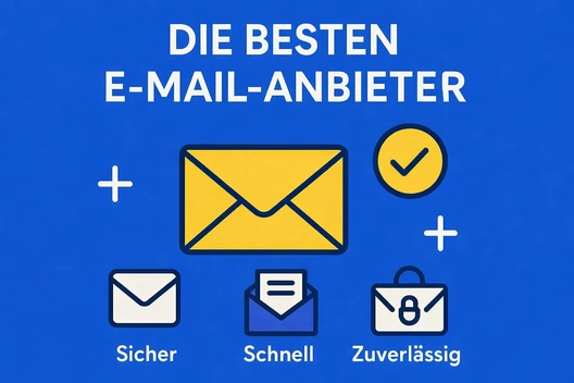 Blauer Hintergrund, zentraler gelber Briefumschlag; drei Symbole unten: Sicher, Schnell, Zuverlässig.