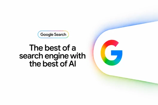 Weißer Hintergrund; links eine Textzeile und ein kleines Google Search-Logo; rechts ein großes, farbiges G-Symbol.
