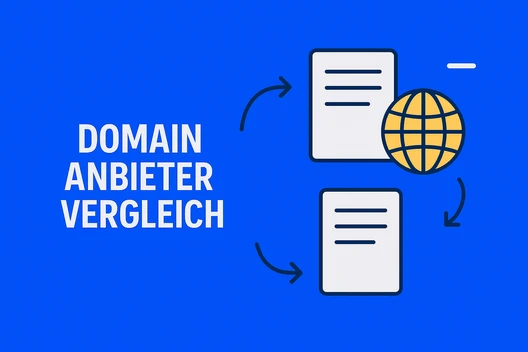 Blauer Hintergrund; links der Text DOMAIN ANBIETER VERGLEICH; rechts zwei weiße Dokumente, Globus-Symbol und Pfeile.