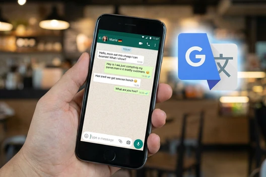 Hand hält Smartphone mit WhatsApp-Chat; Textblasen sichtbar. Café-Hintergrund unscharf, Google Translate-Icon rechts.